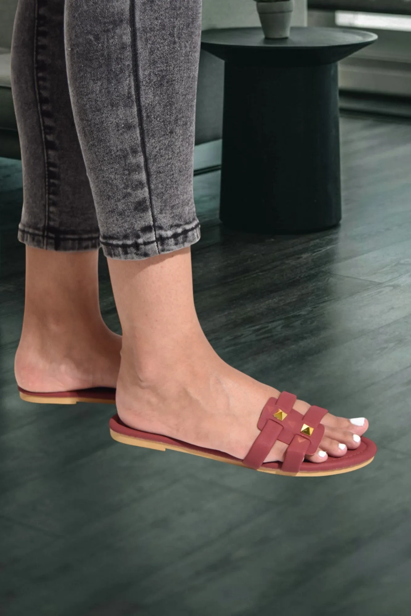 Maroon Studded Slip On Sandal
