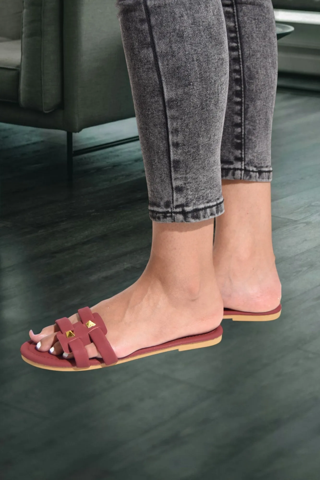 Maroon Studded Slip On Sandal