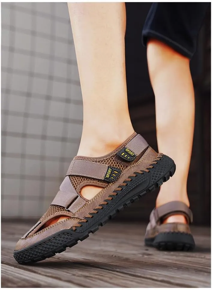 Men's leather cutout lace-up platform sport sandals Slip-On Hand Stitching Beach Sandals Outdoor Lightweight Drying Quick Athletic Sandals