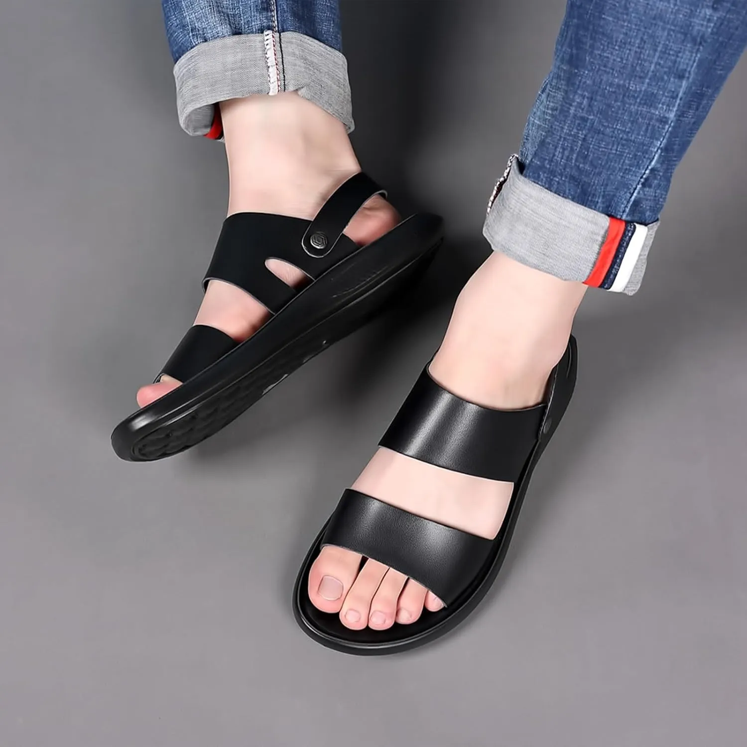 Men's Leather Fashion Sandals Open Toe Slingback Adjustable Ankle Straps Slip-On Beach Sandals Non-Slip Soft Comfortable Slide Sandals