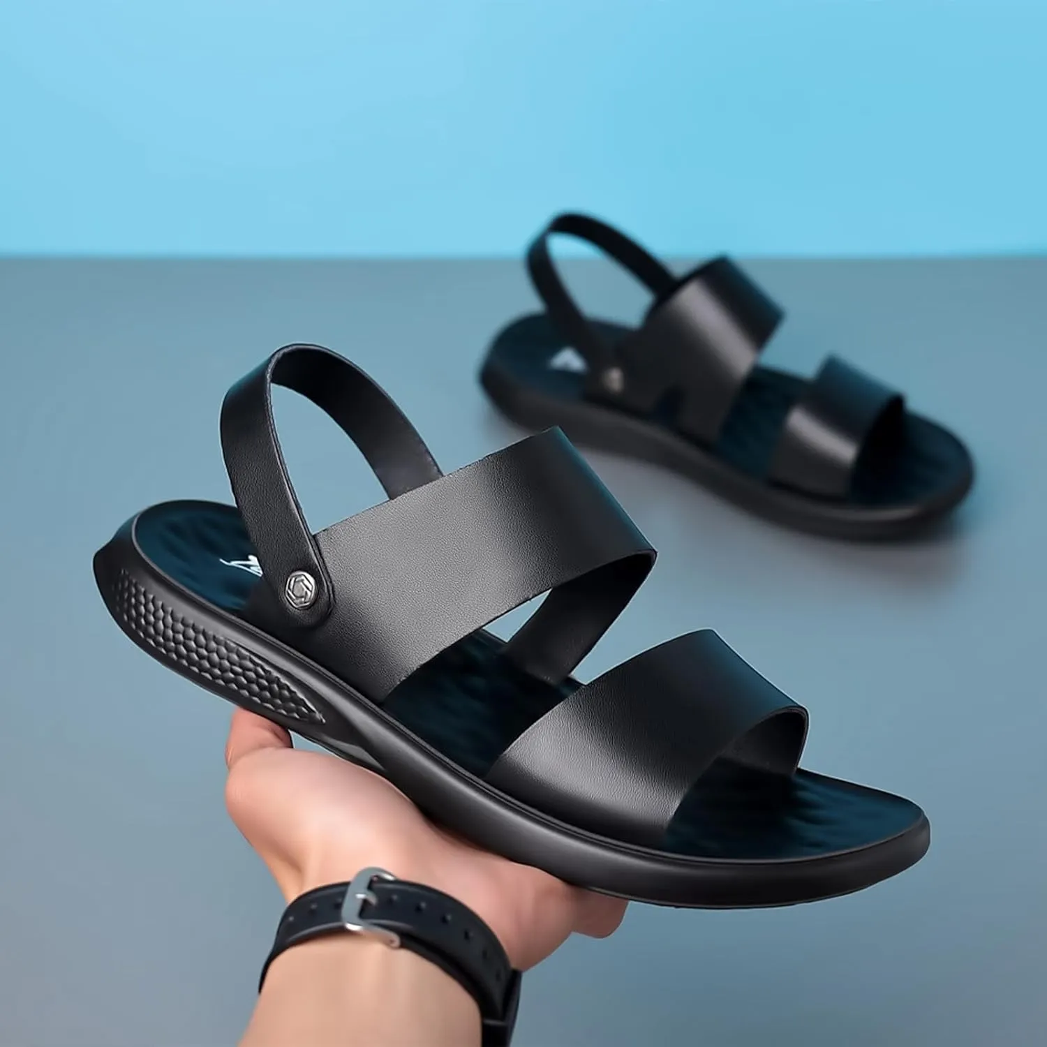 Men's Leather Fashion Sandals Open Toe Slingback Adjustable Ankle Straps Slip-On Beach Sandals Non-Slip Soft Comfortable Slide Sandals
