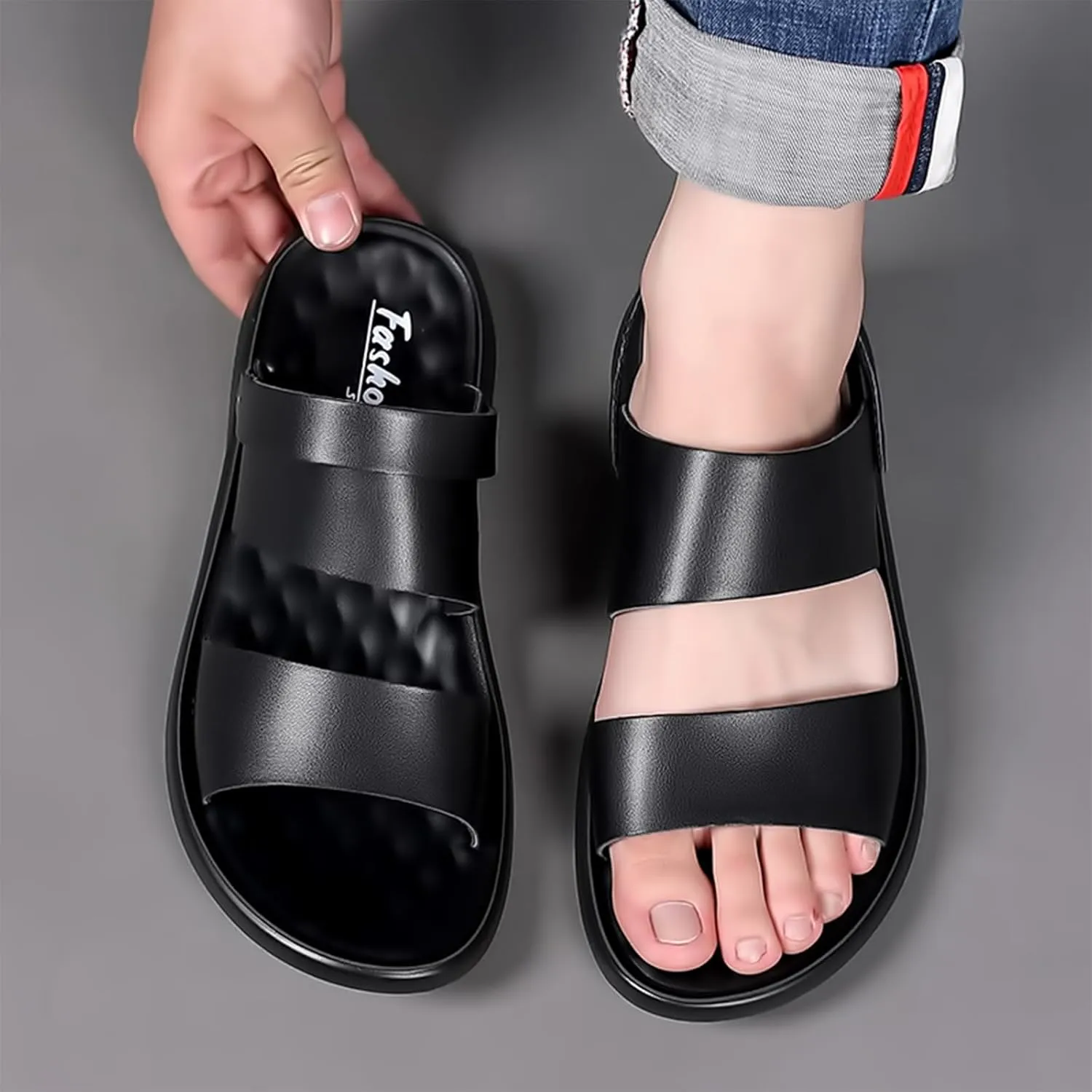 Men's Leather Fashion Sandals Open Toe Slingback Adjustable Ankle Straps Slip-On Beach Sandals Non-Slip Soft Comfortable Slide Sandals