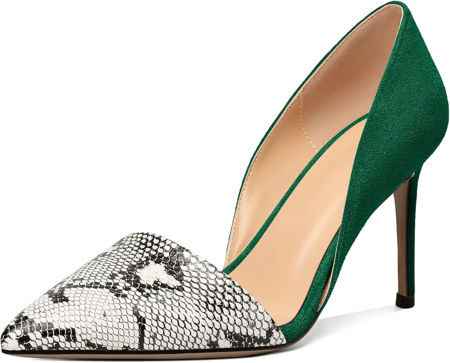 Mettesally Women Stiletto Heels Snakeskin Slip On Pointed Toe Pumps Closed Toe High Heel Dress Shoes for Wedding Party Office
