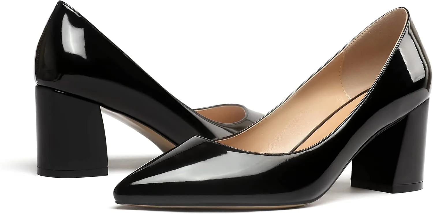 Mettesally Women's Block Heels Pointed Toe Middle Heel Pumps Comfort Walking Party Club Elegant Dress Shoes