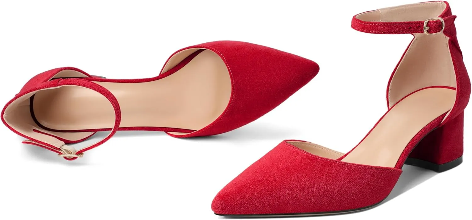 Mettesally Women's Low Block Heels Chunky Heel Closed Pointed Toe D'Orsay Pumps Ankle Strap Heeled Party Dress Shoes