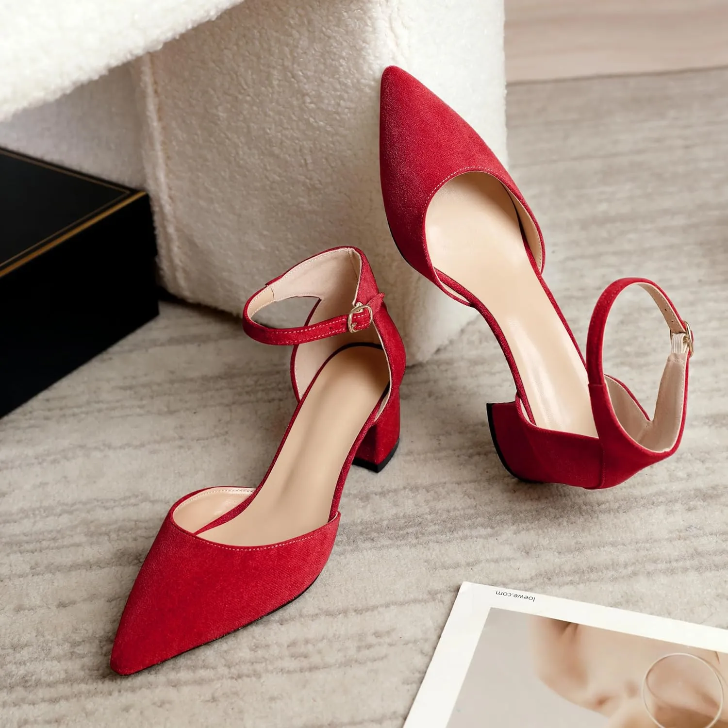Mettesally Women's Low Block Heels Chunky Heel Closed Pointed Toe D'Orsay Pumps Ankle Strap Heeled Party Dress Shoes