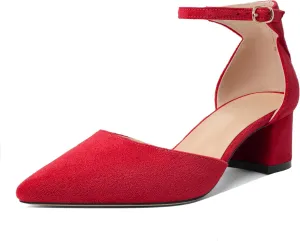 Mettesally Women's Low Block Heels Chunky Heel Closed Pointed Toe D'Orsay Pumps Ankle Strap Heeled Party Dress Shoes