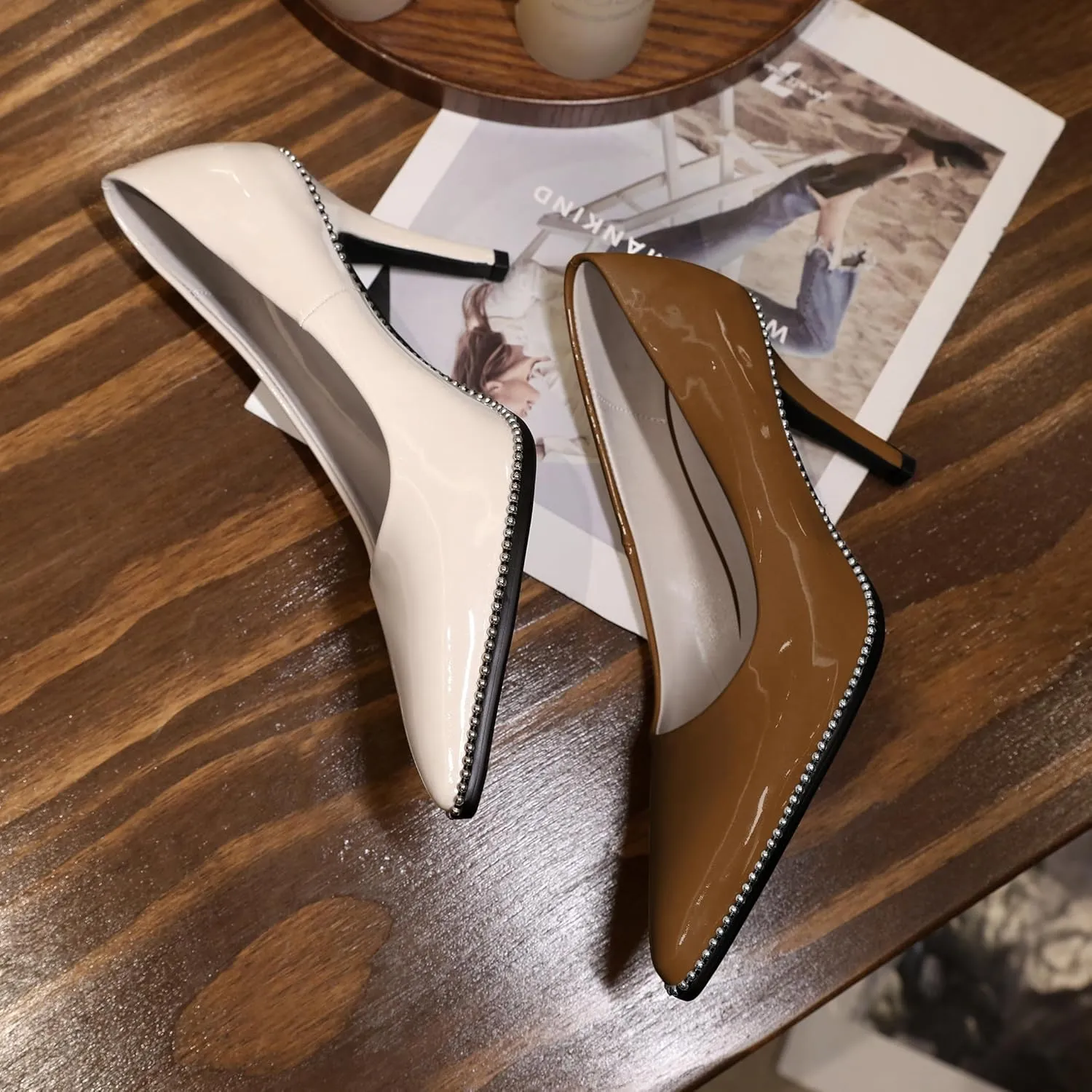 Mettesally Women's Stiletto High Heels Slip on Pumps Closed Pointed Toe Beaded Pump Shoes Casual Party Dress Shoes 3.5 Inch