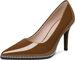 Mettesally Women's Stiletto High Heels Slip on Pumps Closed Pointed Toe Beaded Pump Shoes Casual Party Dress Shoes 3.5 Inch