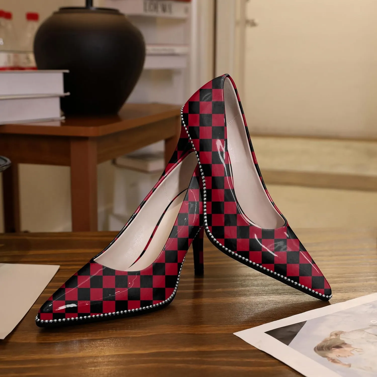 Mettesally Women's Stiletto High Heels Slip on Pumps Closed Pointed Toe Beaded Pump Shoes Casual Party Dress Shoes 3.5 Inch