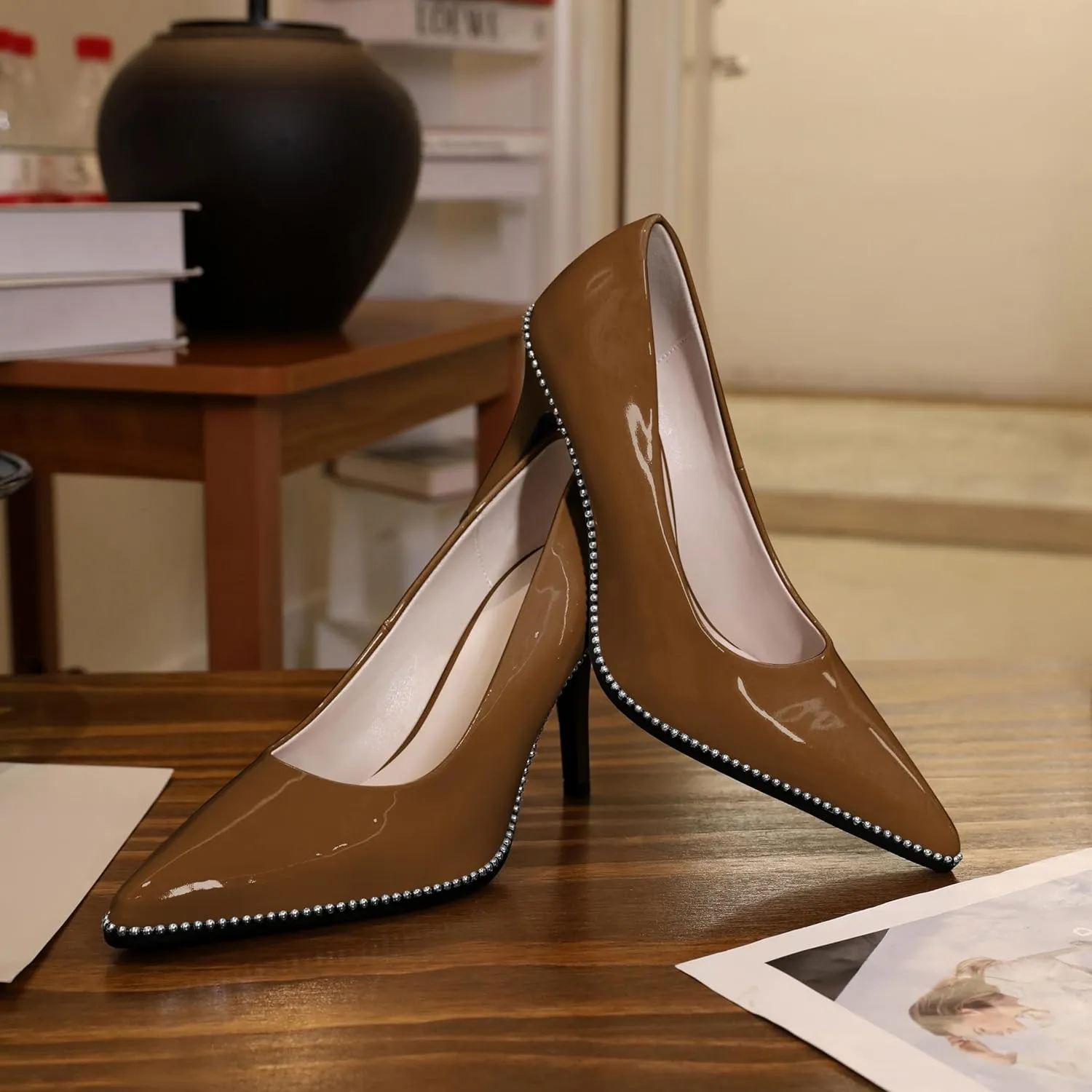 Mettesally Women's Stiletto High Heels Slip on Pumps Closed Pointed Toe Beaded Pump Shoes Casual Party Dress Shoes 3.5 Inch