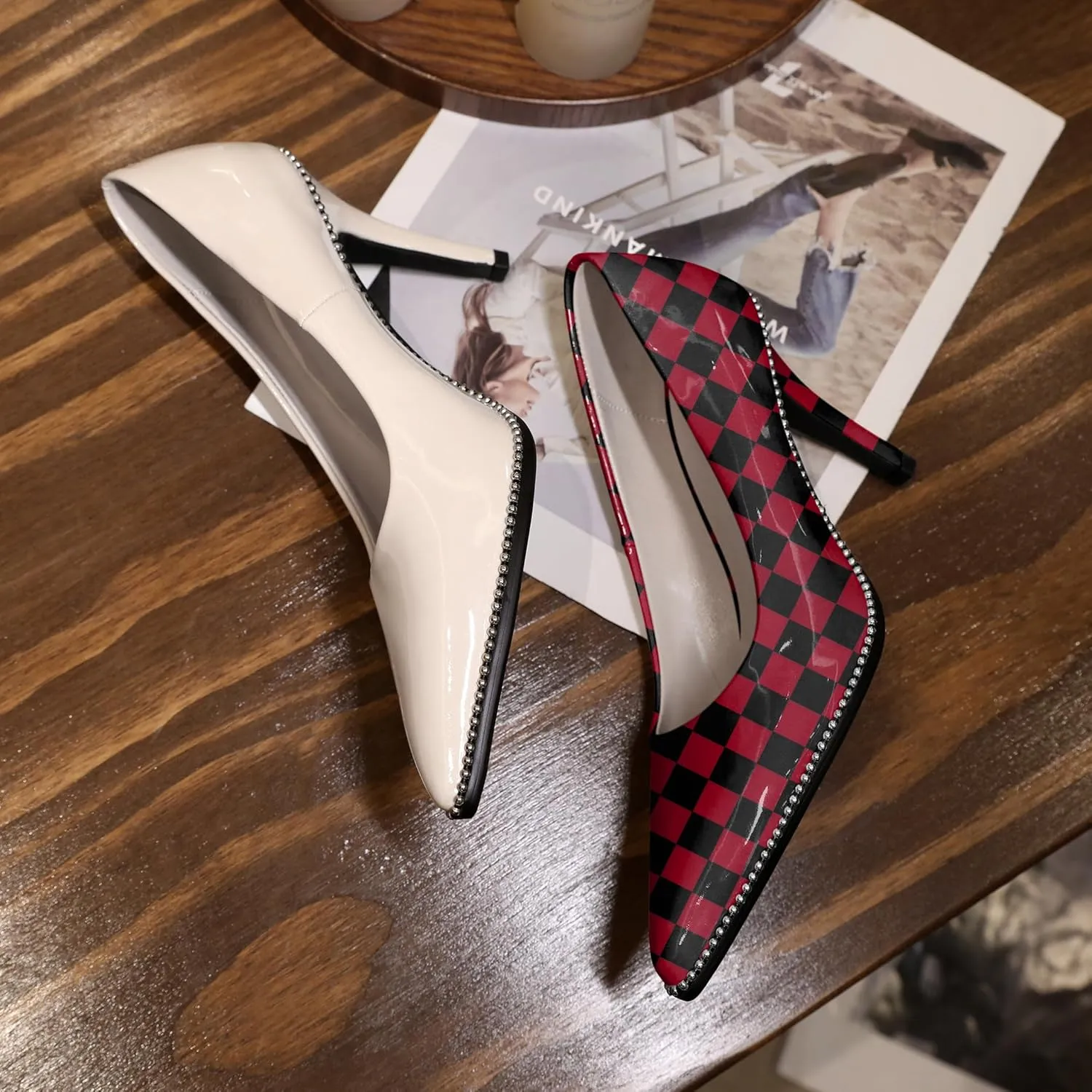 Mettesally Women's Stiletto High Heels Slip on Pumps Closed Pointed Toe Beaded Pump Shoes Casual Party Dress Shoes 3.5 Inch