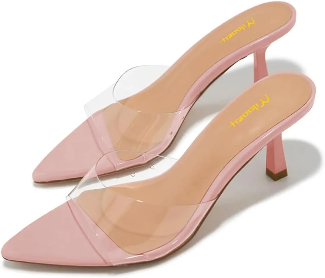 Milooey shoes Women's Comfy Kitten Heel Mules Open Pointed Toe Slide Sandals Cute Backless Slippers Slip On Dress Party Wedding Shoe Size 4-16 US