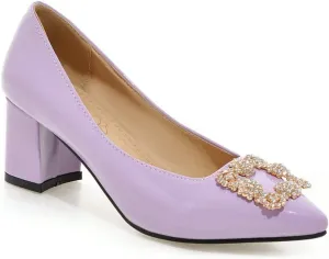 MIOKE Women's Fashion Bowtie Chunky Mid Heel Pumps Pointed Toe Patent Leather Slip-On Comfort Dress Shoes