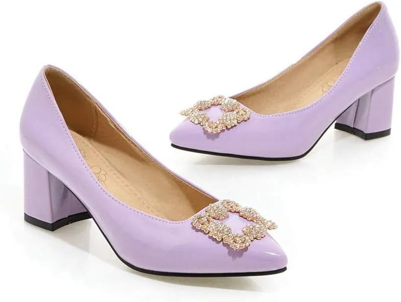 MIOKE Women's Fashion Bowtie Chunky Mid Heel Pumps Pointed Toe Patent Leather Slip-On Comfort Dress Shoes