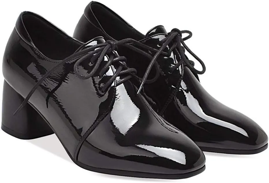MIOKE Women's Square Toe Lace Up Pump Oxford Patent Leather Chunky Block Mid Heel Western Dress Loafer Shoes