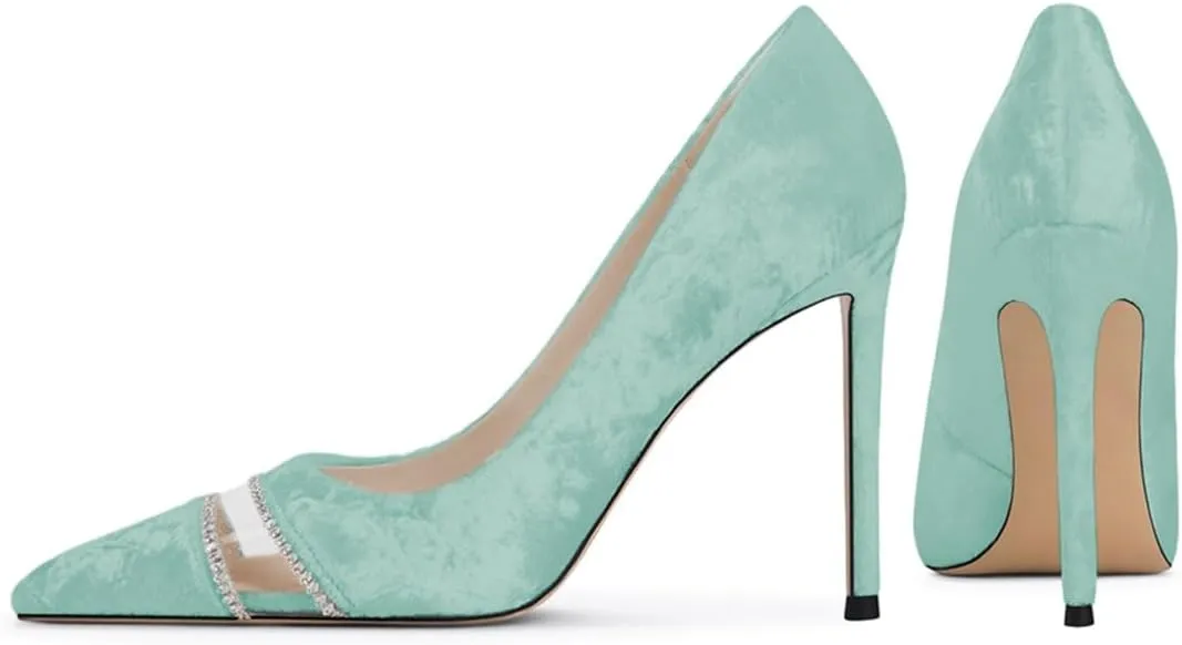 miss left Women Chic Rhinestone Pointed Cap Toe Velvet Pumps Slip on Stiletto High Heel Graceful Wedding Prom Dressy Shoes Size 4-16 US