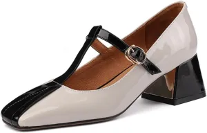 miss left Women's Fashion Pumps T-Bar Chunky Low Heels Two Tone Square Toe Mary Jane Cute Dressy Shoes Size 4-16 US