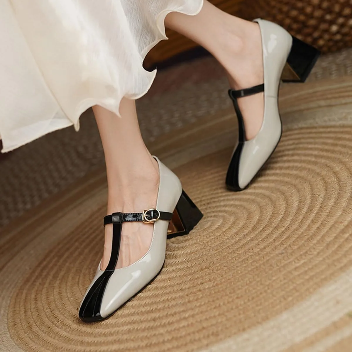miss left Women's Fashion Pumps T-Bar Chunky Low Heels Two Tone Square Toe Mary Jane Cute Dressy Shoes Size 4-16 US
