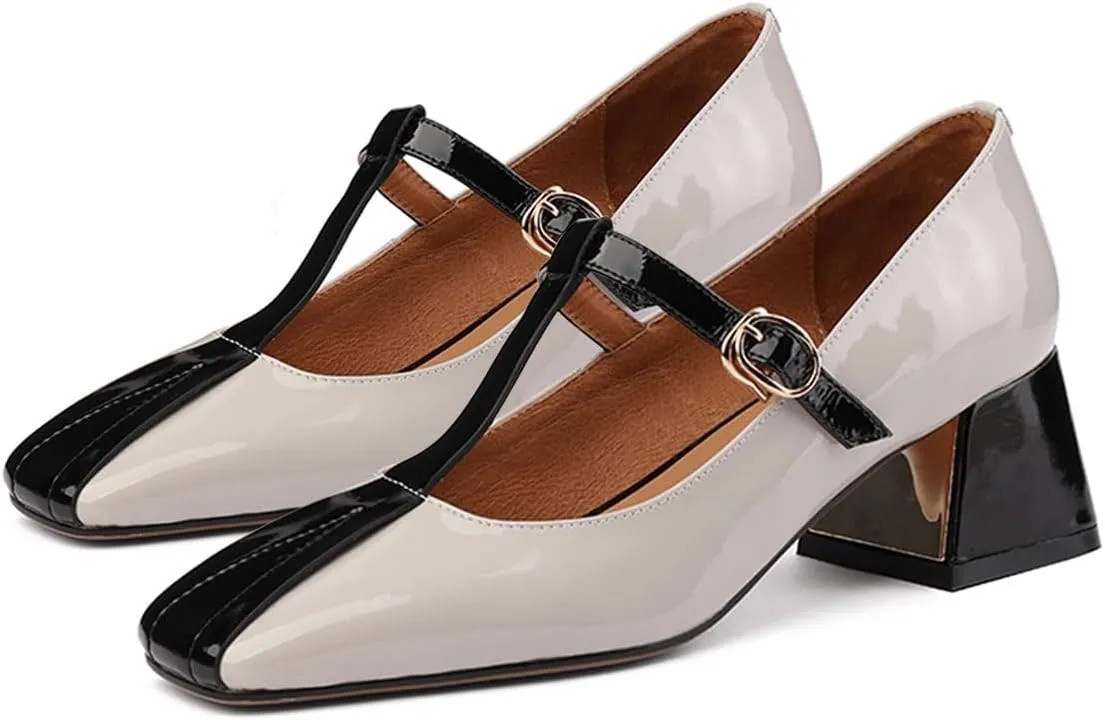 miss left Women's Fashion Pumps T-Bar Chunky Low Heels Two Tone Square Toe Mary Jane Cute Dressy Shoes Size 4-16 US