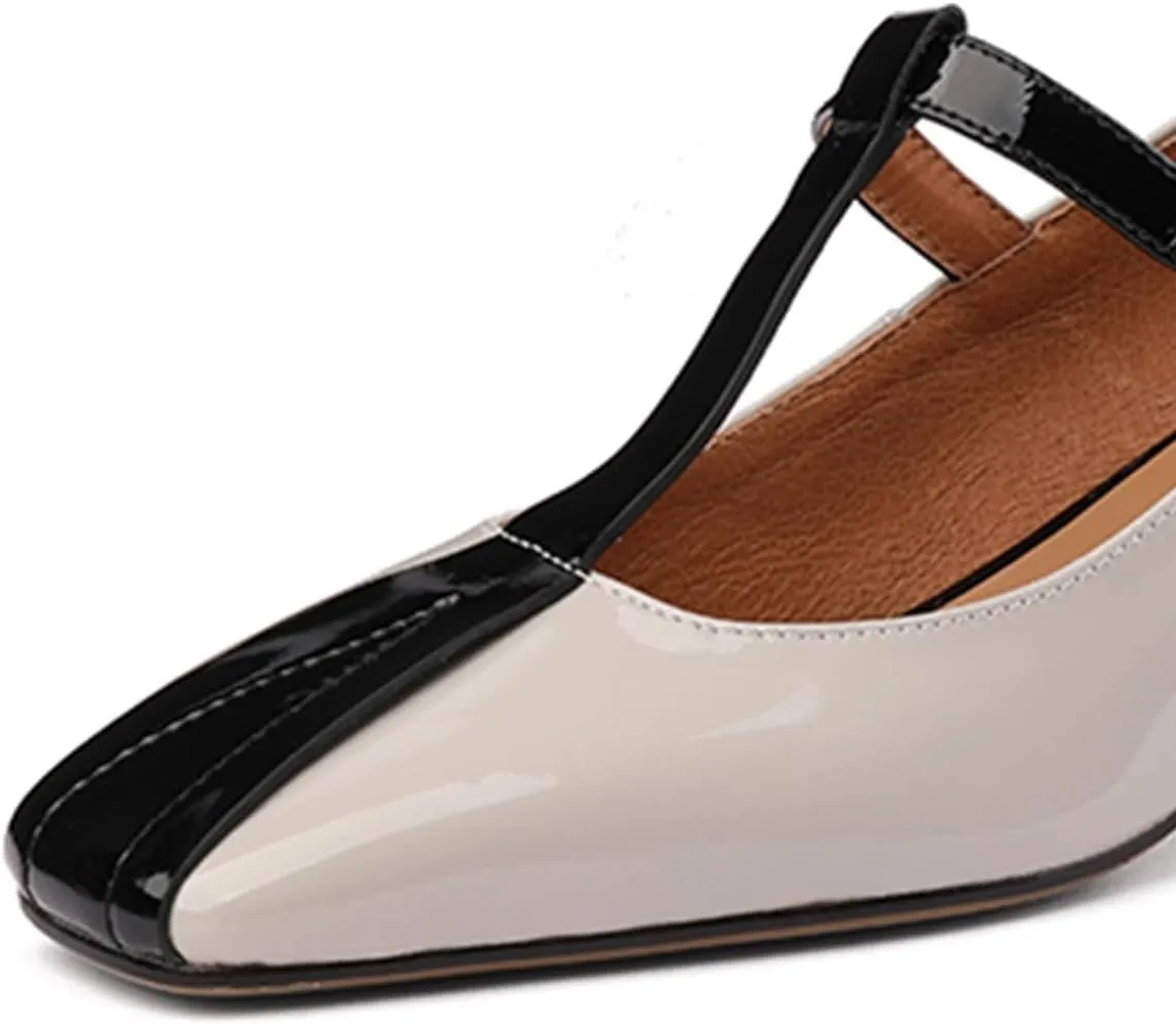 miss left Women's Fashion Pumps T-Bar Chunky Low Heels Two Tone Square Toe Mary Jane Cute Dressy Shoes Size 4-16 US