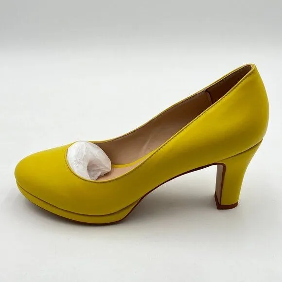 Miss left Yellow Low Platform High Chunky Heeled Slip On Closed Round Toe Pump