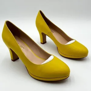 Miss left Yellow Low Platform High Chunky Heeled Slip On Closed Round Toe Pump