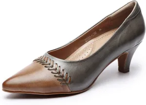 Mona flying Women's Leather Pump Med Heel Pointed Toe Office Dress Shoes for Ladies