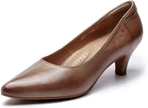 Mona flying Women's Leather Pump Med Heel Pointed Toe Office Dress Shoes for Ladies