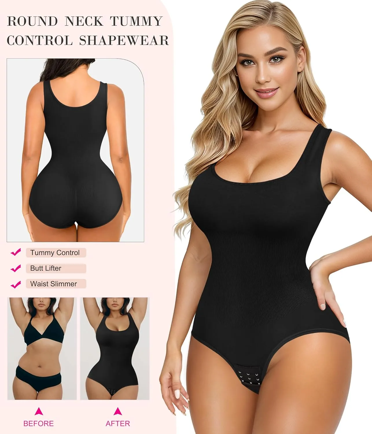 Nebility Womens' Waist Trainer Seamless Round Neck Tummy Control Shapewear Bodysuit