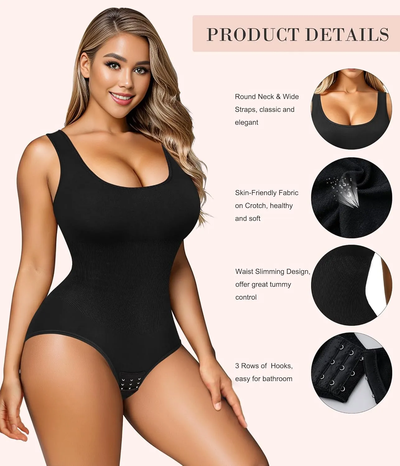 Nebility Womens' Waist Trainer Seamless Round Neck Tummy Control Shapewear Bodysuit