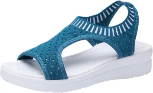 oiangi Knitted Wedge Sandals for Women Fashion Fish Mouth Open Toe Hollow Mesh Breathable Slip-on Platform Sport Sandals Summer Stretchy Comfy Walking Shoes