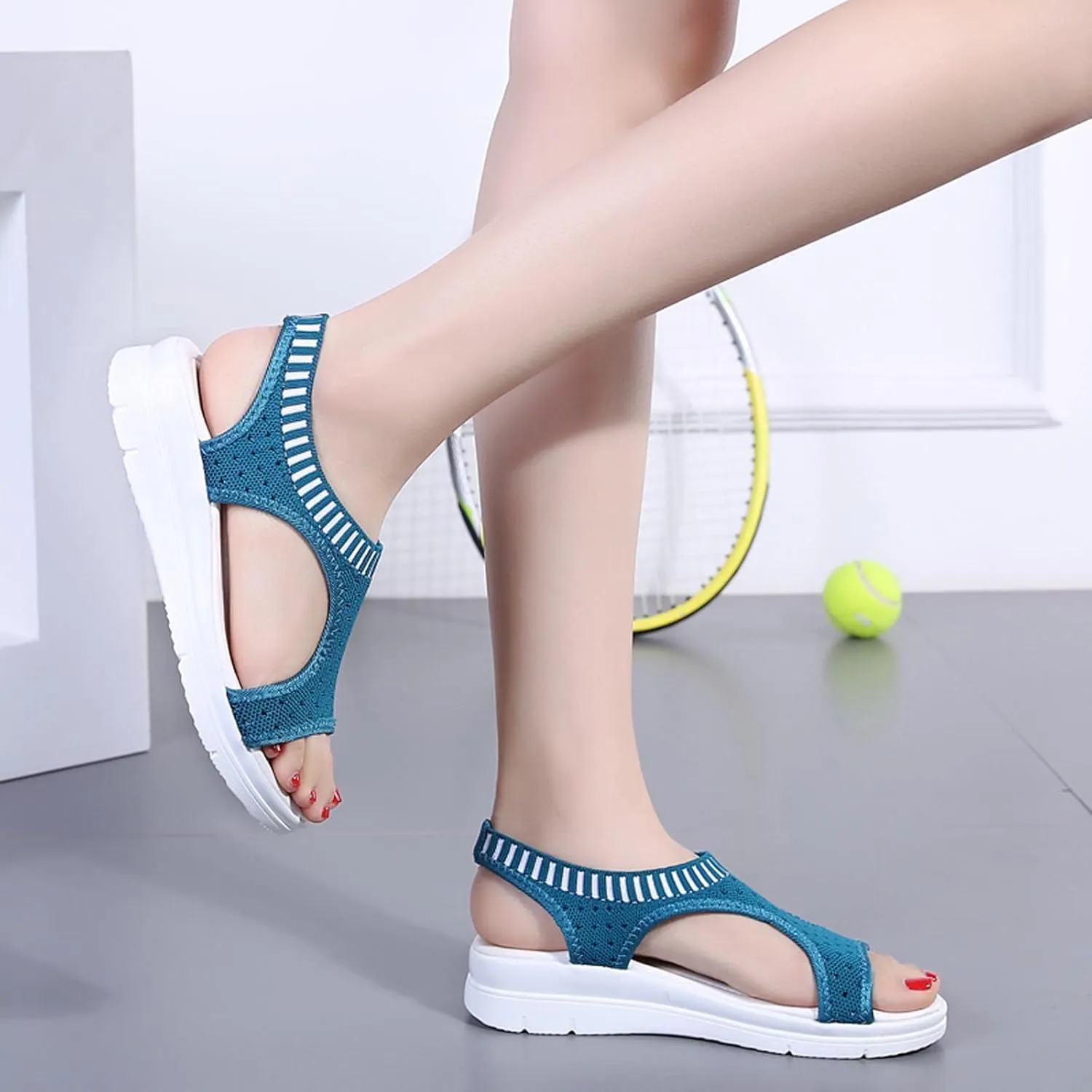 oiangi Knitted Wedge Sandals for Women Fashion Fish Mouth Open Toe Hollow Mesh Breathable Slip-on Platform Sport Sandals Summer Stretchy Comfy Walking Shoes