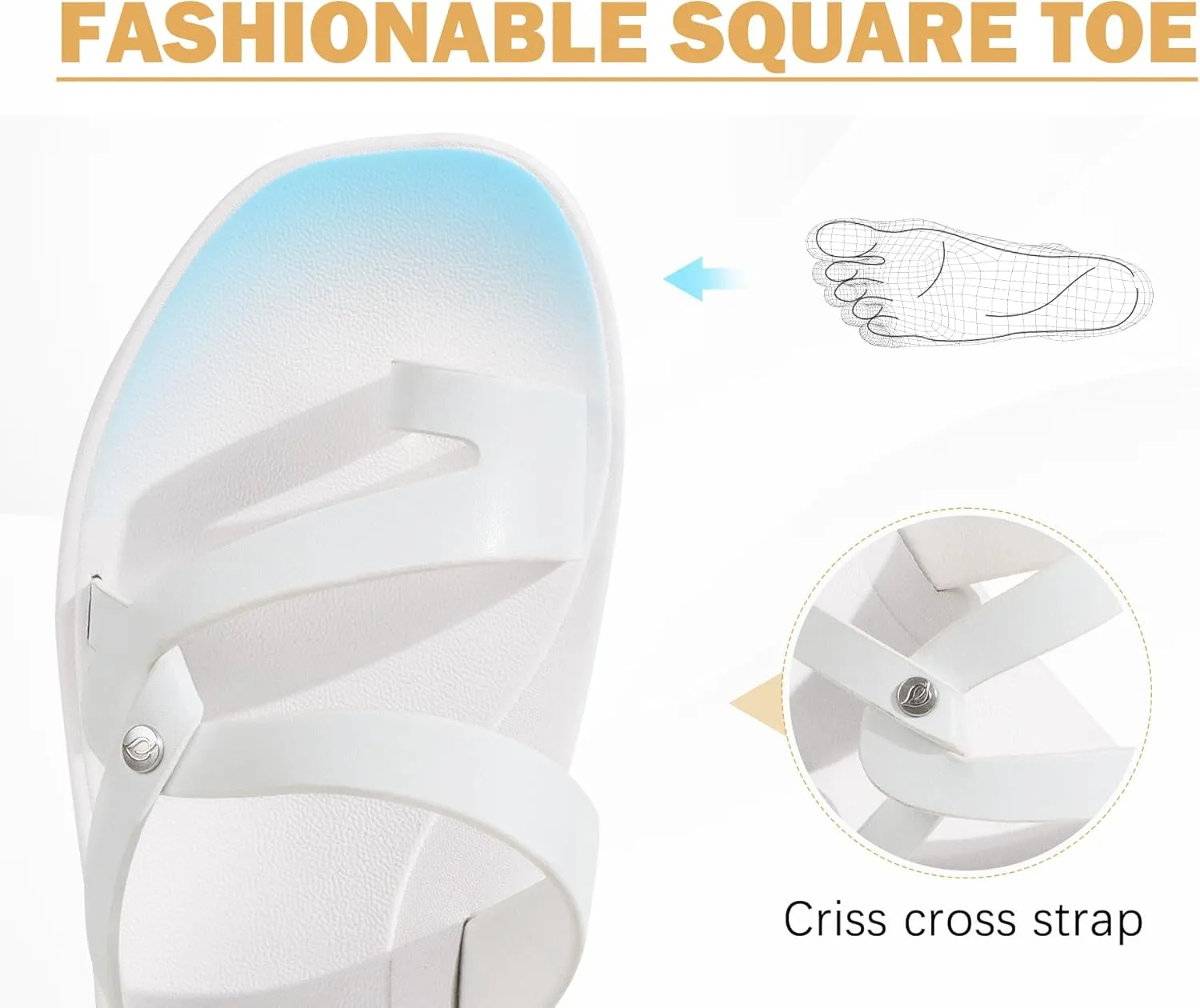 ONCAI Flat Sandals for Women Trendy Square Open Split-Toe Ring Summer Dressy Cross Strappy Slides Sandles with Slip-on Rubber Soles