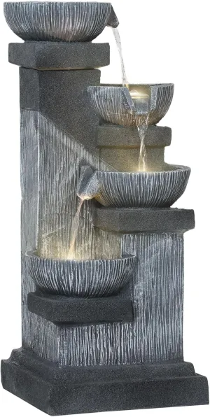 Outsunny 33.5" Tall Outdoor Water Fountain, 4-Tier Floor Standing Resin Cascading Bowls Waterfall Fountain with LED Lights, Pump for Garden, Patio, Backyard