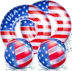 Outus 4 Pcs 4th of July Pool Float and Patriotic Beach Ball Inflatable 36 Inch USA Flag Swim Ring 12 Inch American Flag Tube and 4th of July Pool Toy for Adults Independence Beach Party