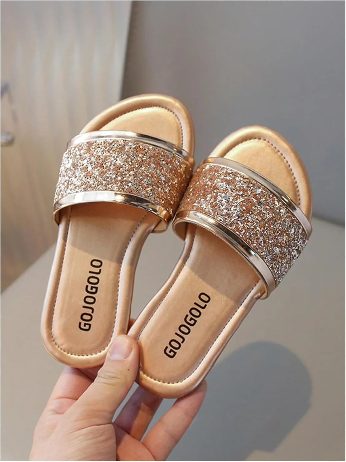 OYOANGLE Girl's Cute Glitter Single Band Slide Sandals Open Toe Slip on Flat Sandal