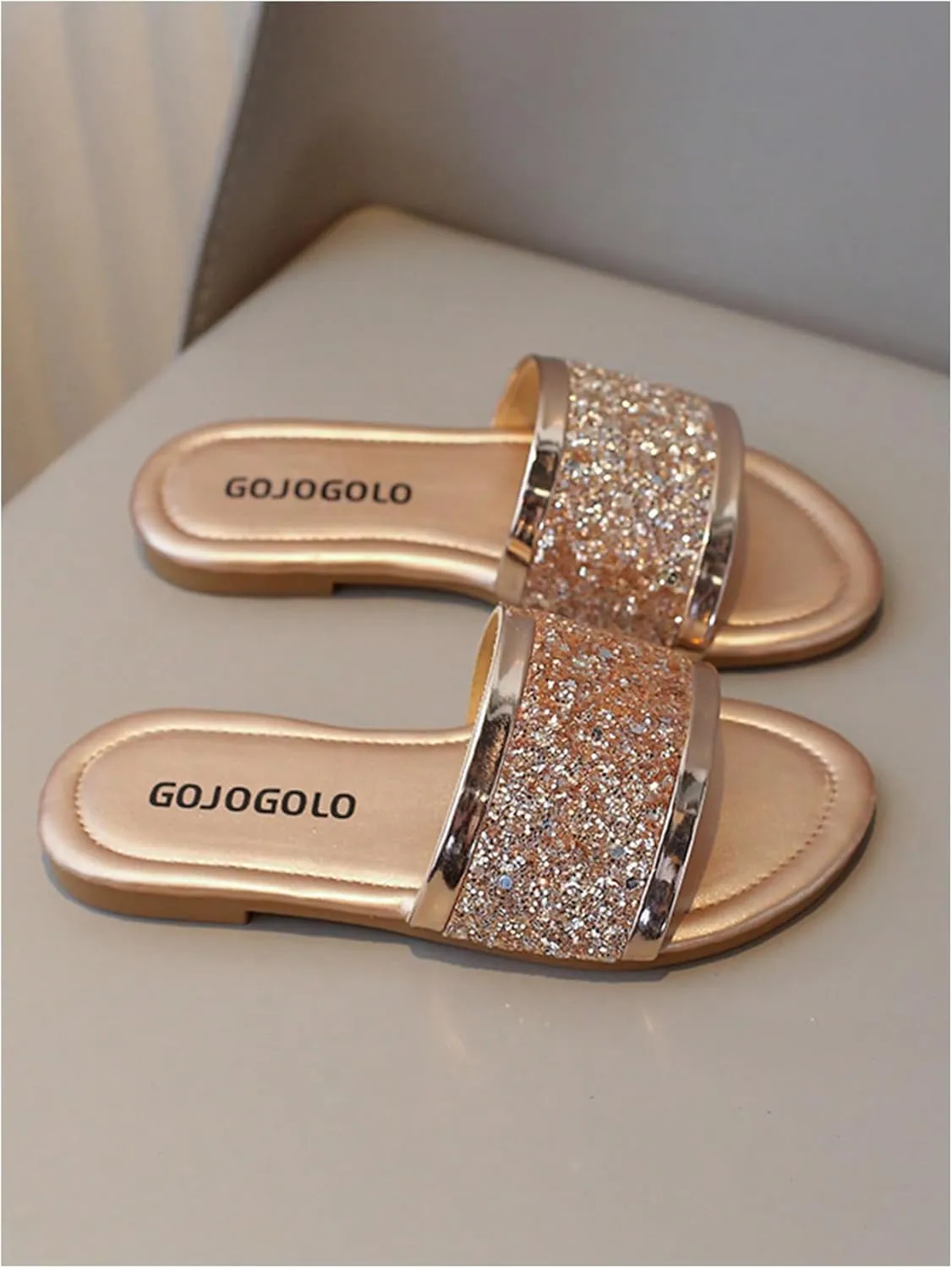OYOANGLE Girl's Cute Glitter Single Band Slide Sandals Open Toe Slip on Flat Sandal