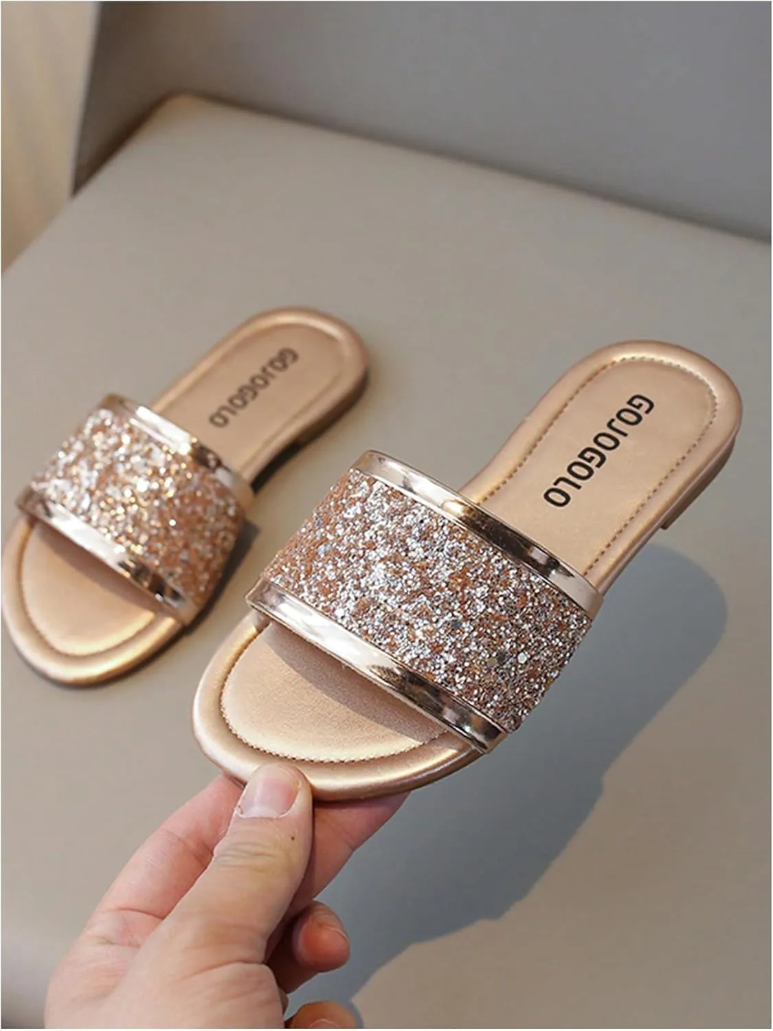 OYOANGLE Girl's Cute Glitter Single Band Slide Sandals Open Toe Slip on Flat Sandal