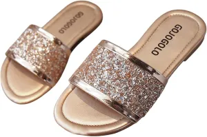 OYOANGLE Girl's Cute Glitter Single Band Slide Sandals Open Toe Slip on Flat Sandal