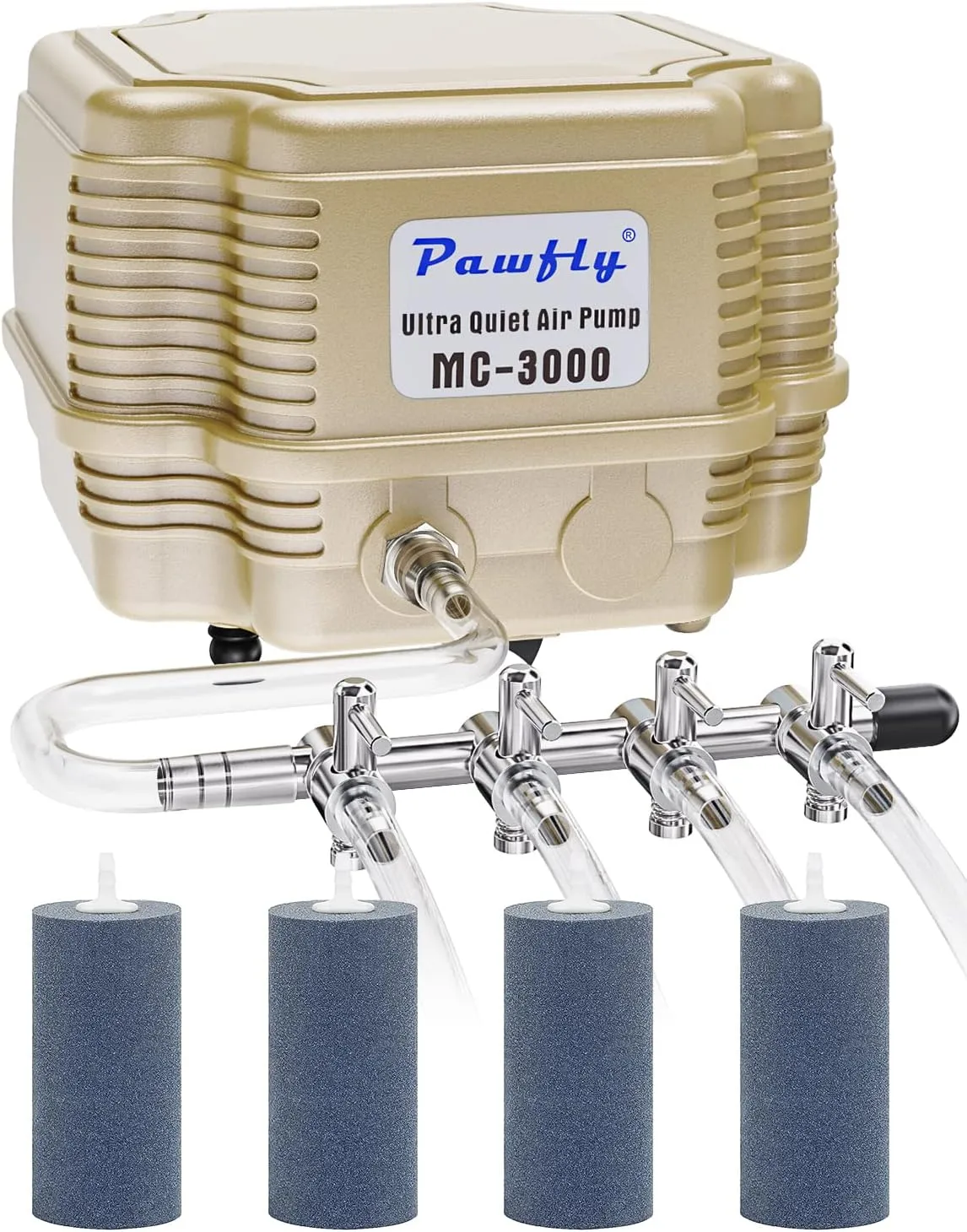Pawfly Aquarium Air Pump Adjustable Quiet Fish Tank Air Pump with Air Stones 4 Outlets Manifold and Airline Tubing Accessories for Up to 300 Gallon Tank Aquarium Pond