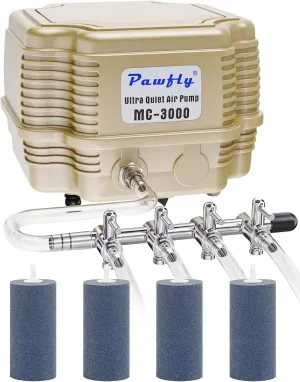 Pawfly Aquarium Air Pump Adjustable Quiet Fish Tank Air Pump with Air Stones 4 Outlets Manifold and Airline Tubing Accessories for Up to 300 Gallon Tank Aquarium Pond