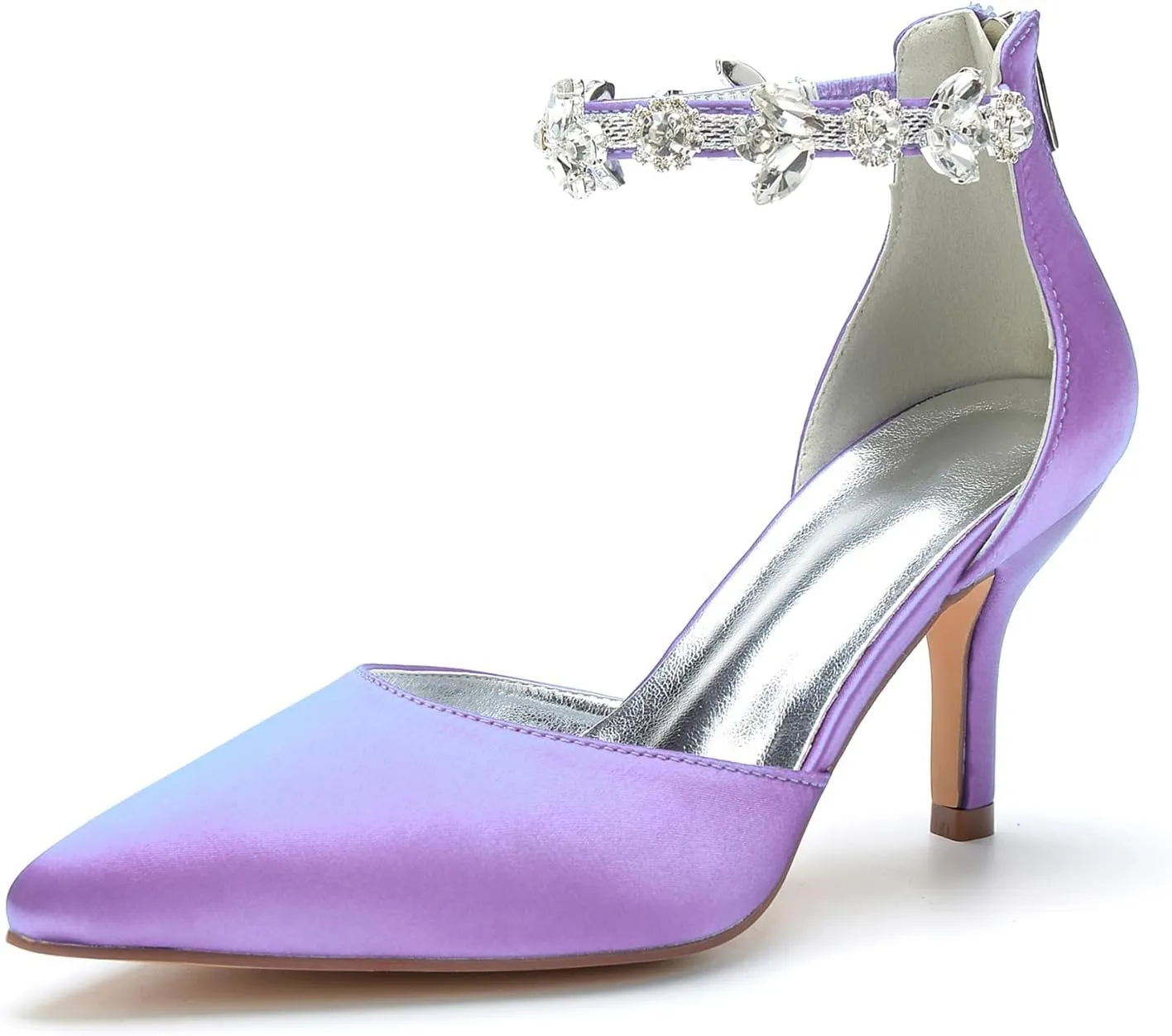 Pointed Toe Women's Bridal 8CM Stiletto Heel Wedding Shoes Rhinestones Sandal Shoes Ankle Strap Zipper Back Pumps Satin Formal Party Prom Evening,Light Purple,9
