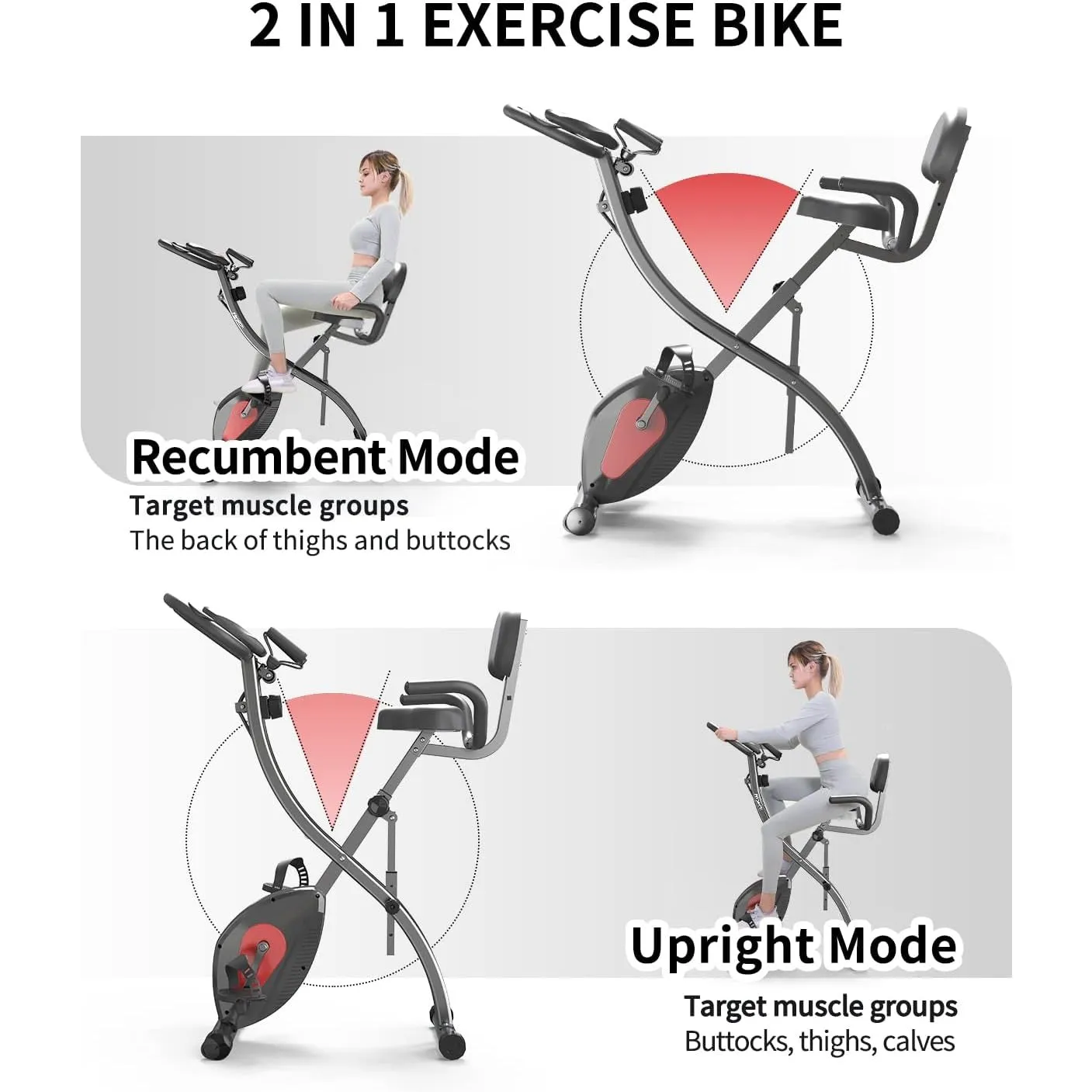 PROIRON Folding Exercise Bike, Upright and Recumbent Foldable Stationary Bike with Pulse Sensor, 8 Level Adjustable Magnetic Resistance, Fitness Bike with Resistance Bands for Home Workout Men Women