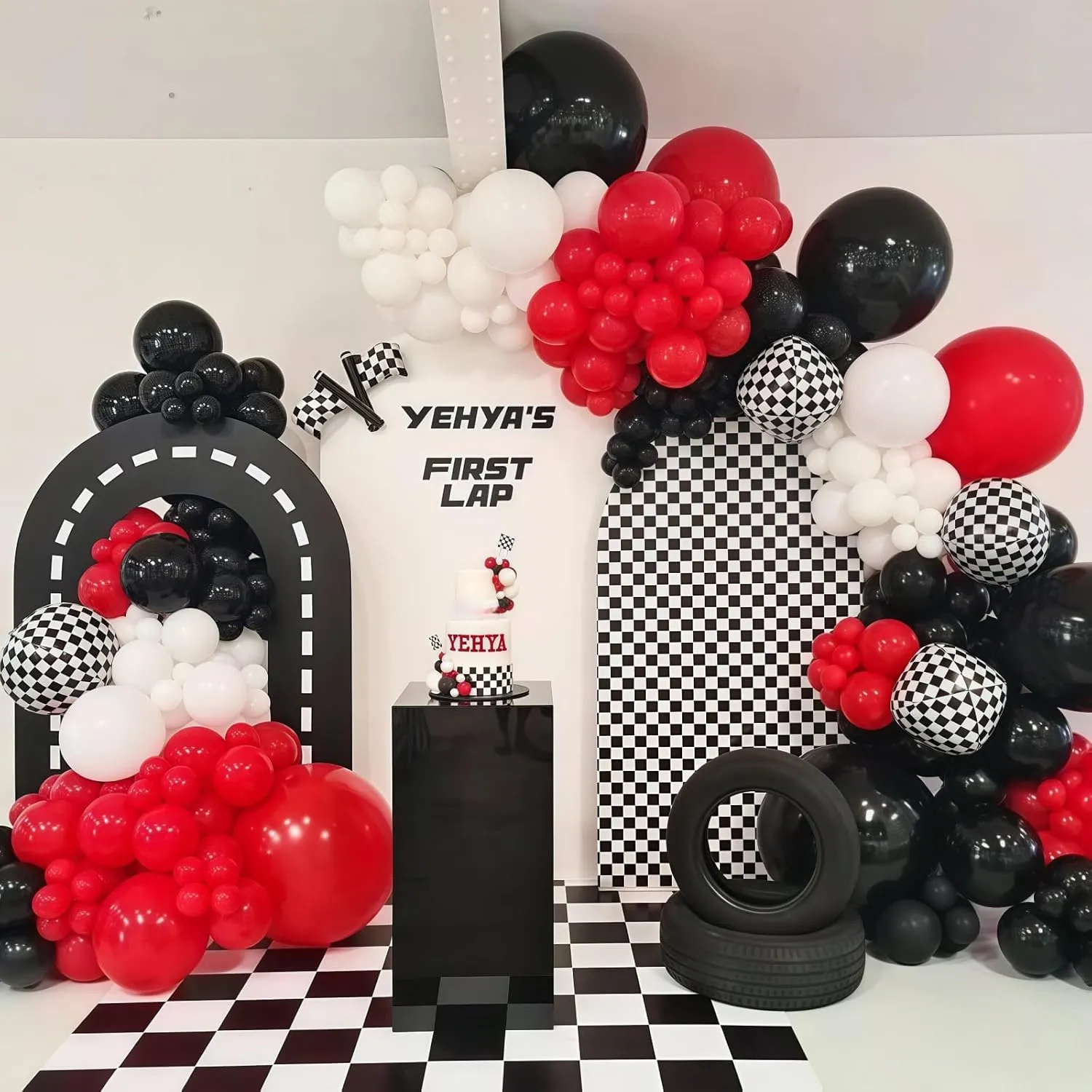 Racing Car Balloons Arch Garland Kit, Red and Black White Checkered Foil Balloons Garland Kit, Wheels Balloon for Boys Birthday Baby Shower Race Car Theme Party Decorations Supplies