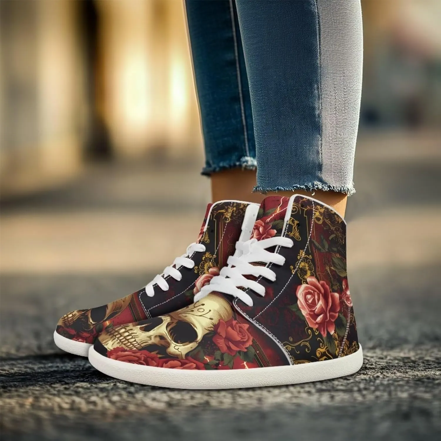 Rose Skull Print Women High Top Barefoot Shoes Wide Toe Sneakers Casual Sports Sneakers Minimalist Zero Drop Ankle Support Shoes