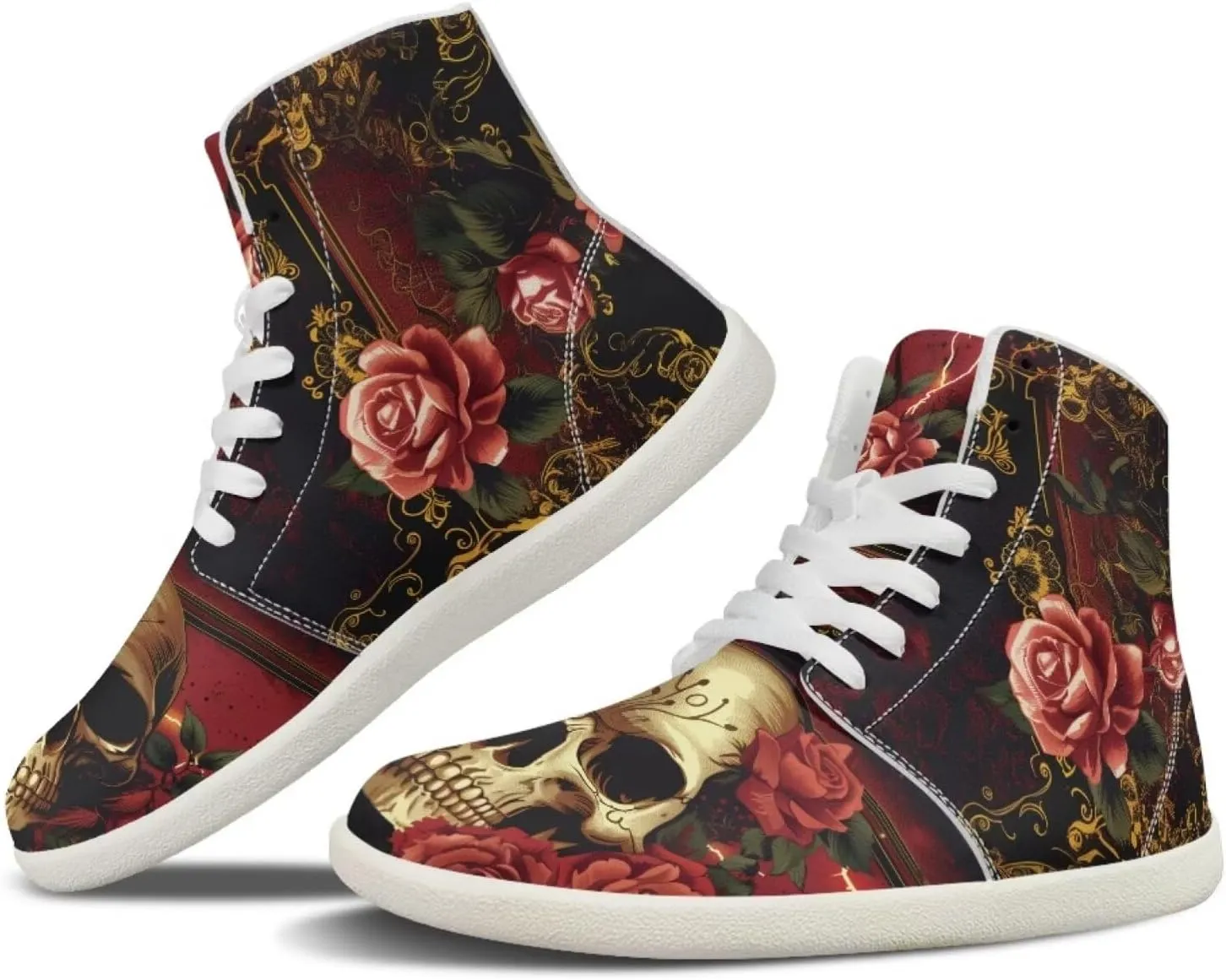 Rose Skull Print Women High Top Barefoot Shoes Wide Toe Sneakers Casual Sports Sneakers Minimalist Zero Drop Ankle Support Shoes