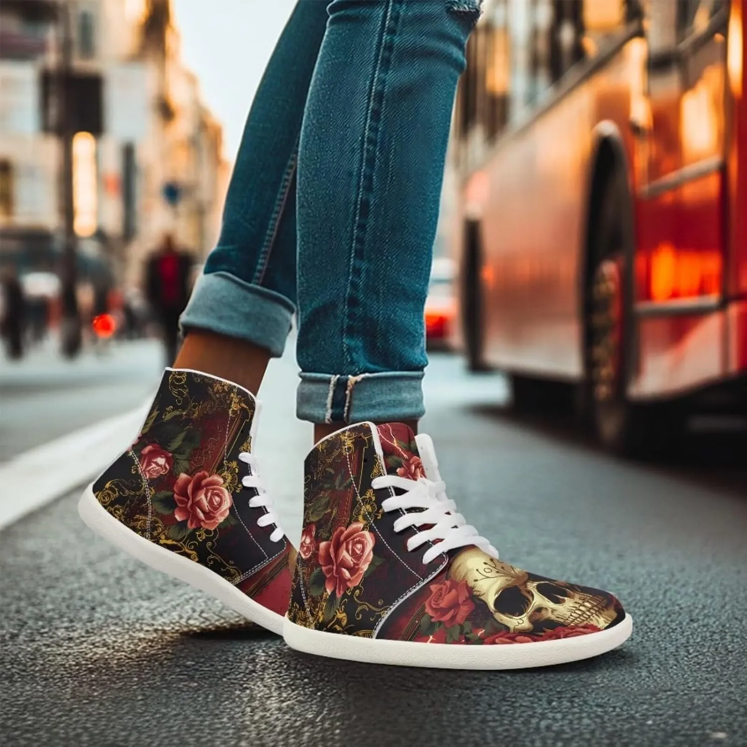 Rose Skull Print Women High Top Barefoot Shoes Wide Toe Sneakers Casual Sports Sneakers Minimalist Zero Drop Ankle Support Shoes