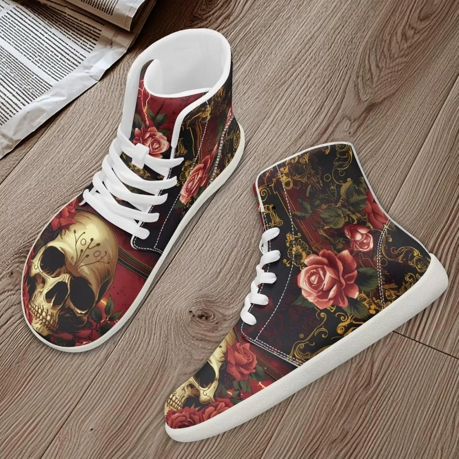 Rose Skull Print Women High Top Barefoot Shoes Wide Toe Sneakers Casual Sports Sneakers Minimalist Zero Drop Ankle Support Shoes