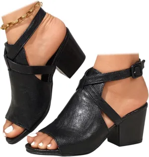 SACFOF Women Stacked Block Heel Sandals Peep Toe Cutout Side Ankle Strap Buckle Dress Mid Heeled Ankle Booties